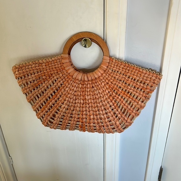 Vintage sak wicker tote w wooden handles good worn condition - Picture 1 of 10